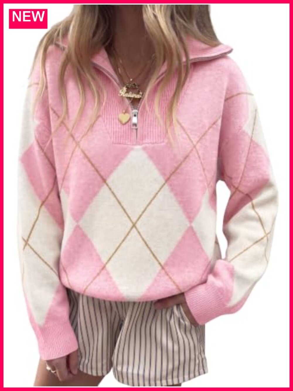 Womens Quarter Zip Argyle Sweater Pullover Knit Top Fall Casual